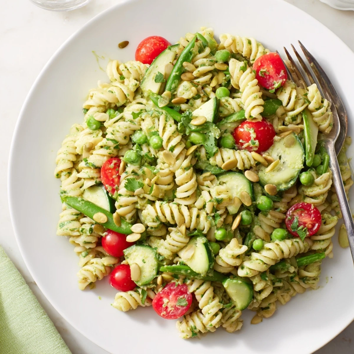Green Goddess Pasta Salad piled in bowl, creamy herb dressing, bright vegetables  