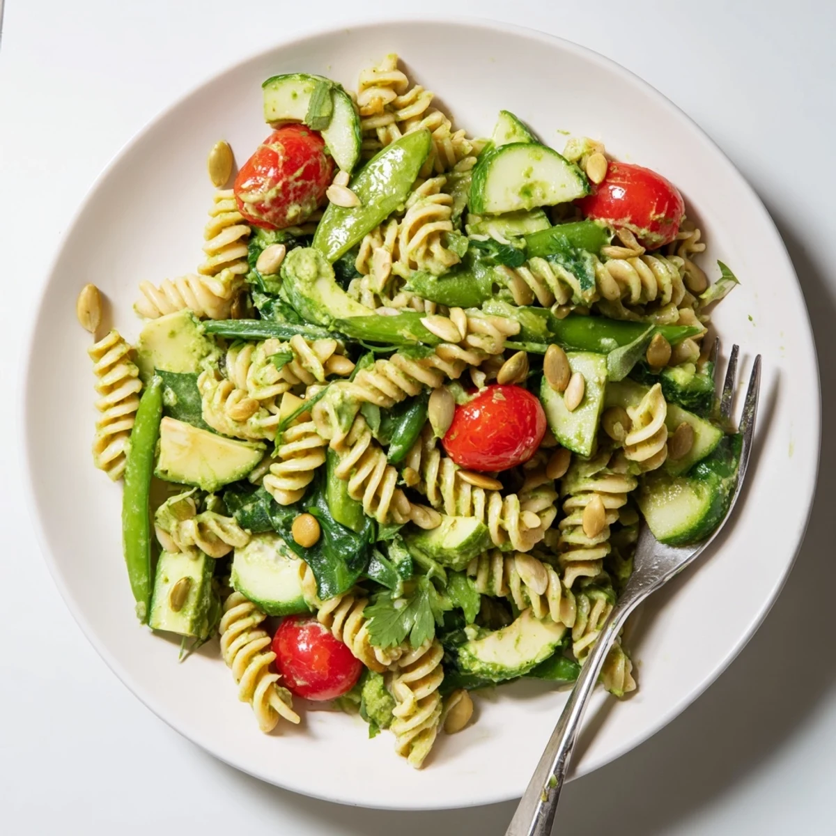 A chilled Green Goddess Pasta Salad with crunchy sugar snap peas, avocado  