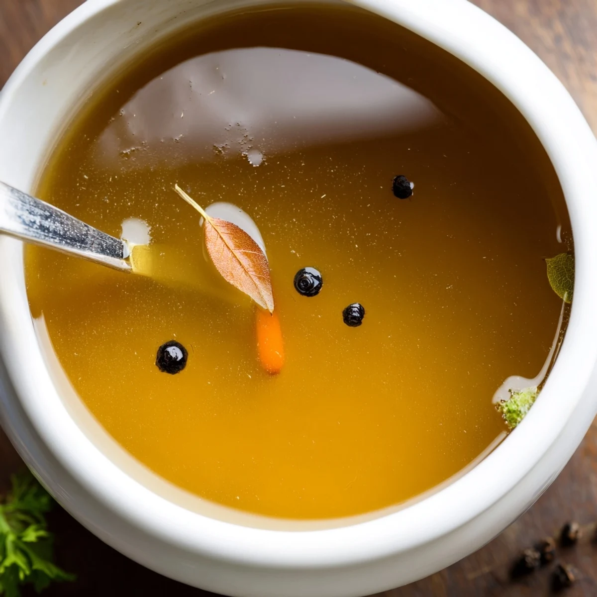 Steaming bowl of Beef Bone Broth with roasted bones and herb aroma