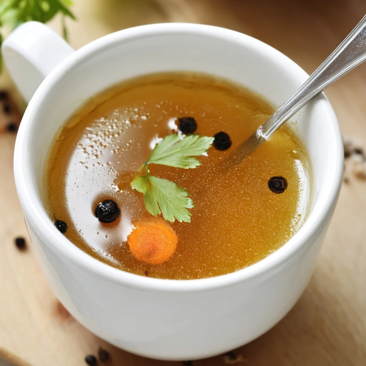 Golden Beef Bone Broth simmering in stockpot, carrots and parsley visible