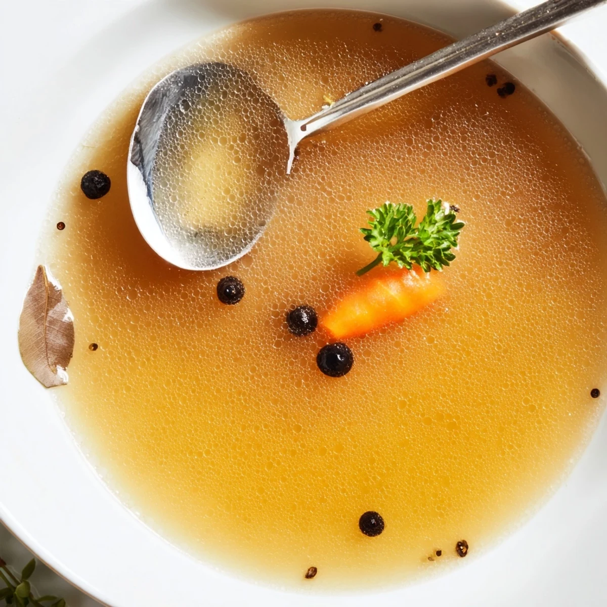 Rich, gelatinous Beef Bone Broth ladled into mug for sipping