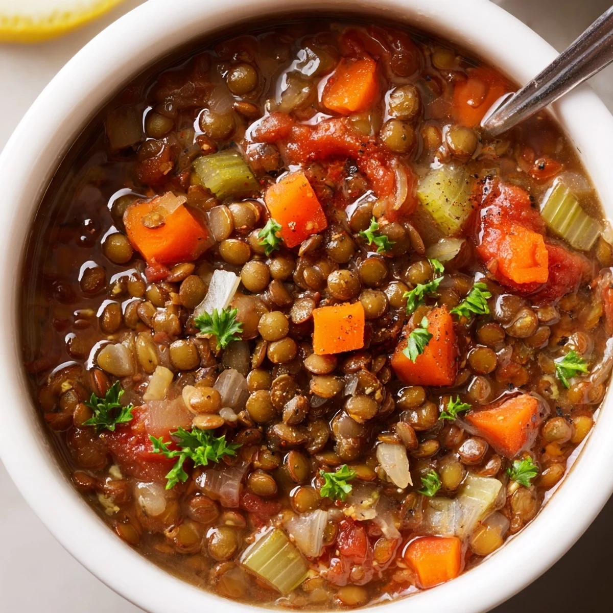 Lentil Soup steaming in a rustic bowl, savory aroma, parsley garnish.