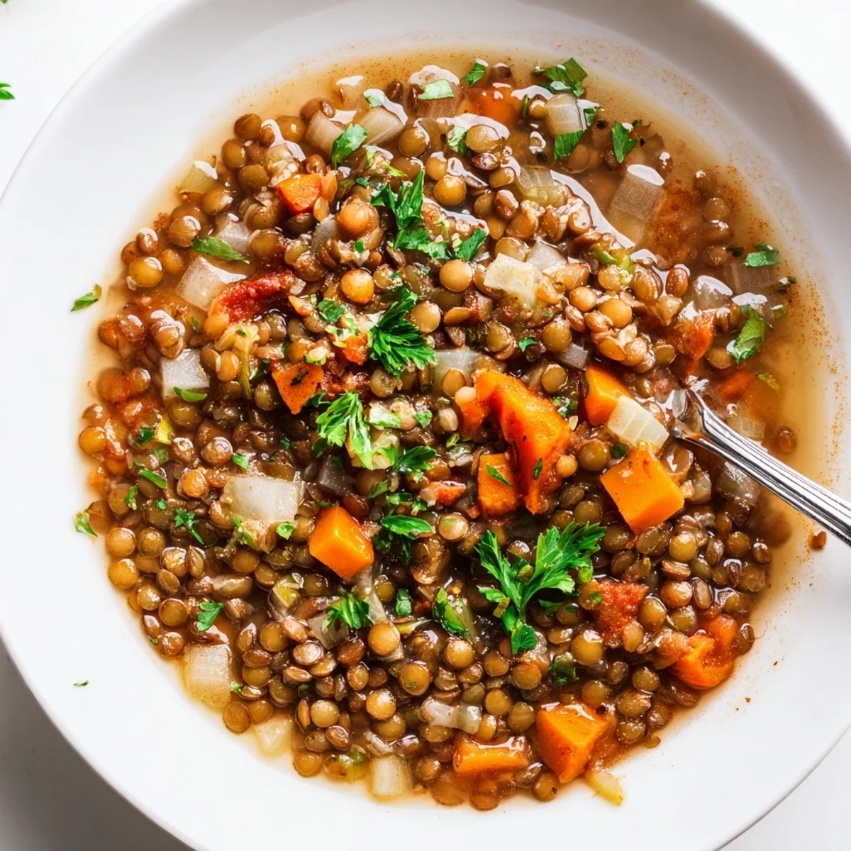 Warm bowl of Lentil Soup, smoky cumin scent, lemon-punctuated silky broth.