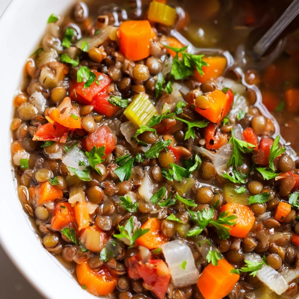 Hearty Lentil Soup with tender vegetables and lemon brightness, served with bread.