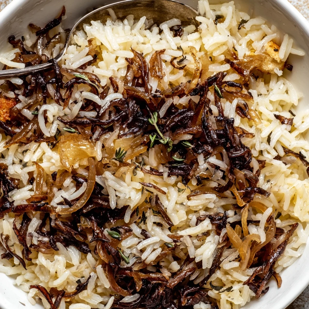 French Onion Soup Rice bubbling with melted Gruyère, caramelized onions, golden crouton topping