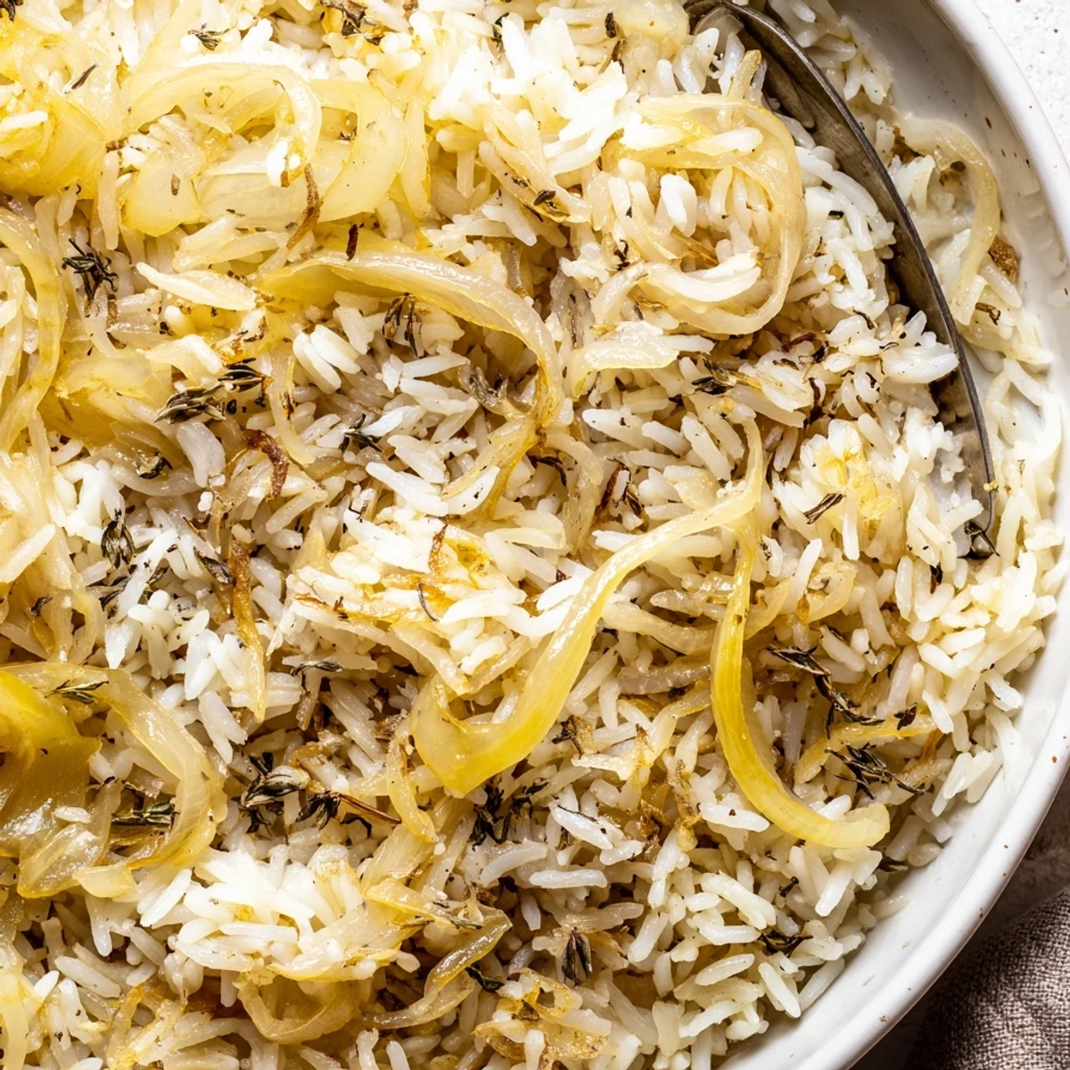 Warm French Onion Soup Rice served in casserole, fragrant thyme and savory broth
