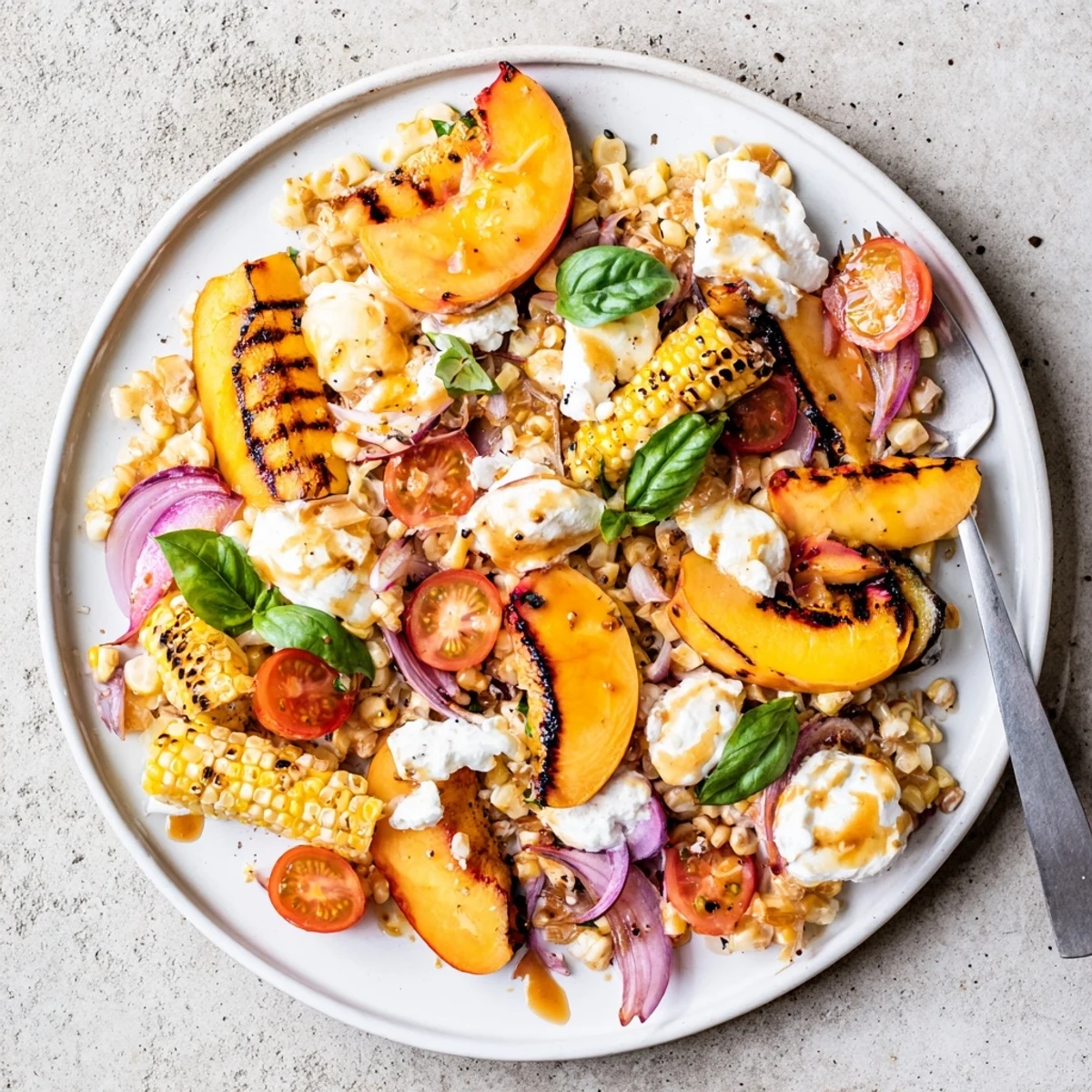 Grilled Peach Corn Salad with Creamy Cheese showcasing charred peaches, juicy kernels.