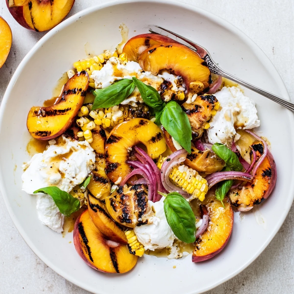 A summer plate of Grilled Peach Corn Salad with Creamy Cheese, tangy dressing.