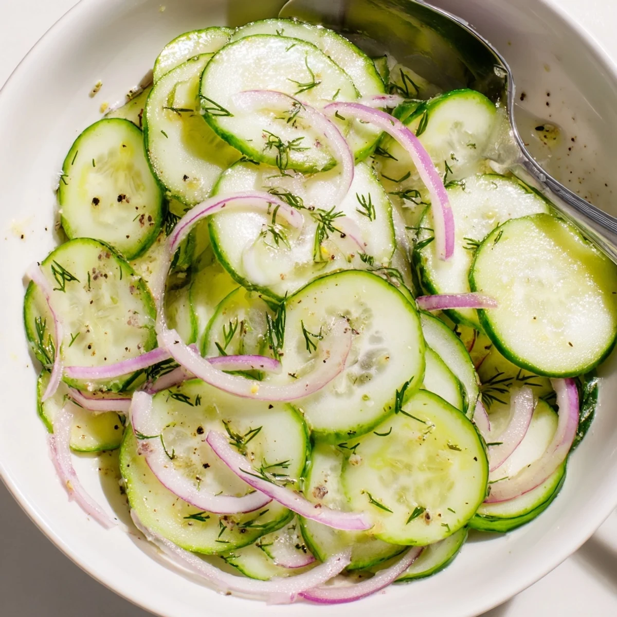 Bright Cucumber Salad tossed in white wine vinegar, olive oil, and herbs.