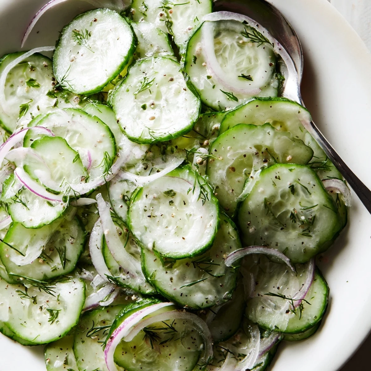 Chilled Cucumber Salad: crisp rounds, red onion ribbons, ideal summer side.