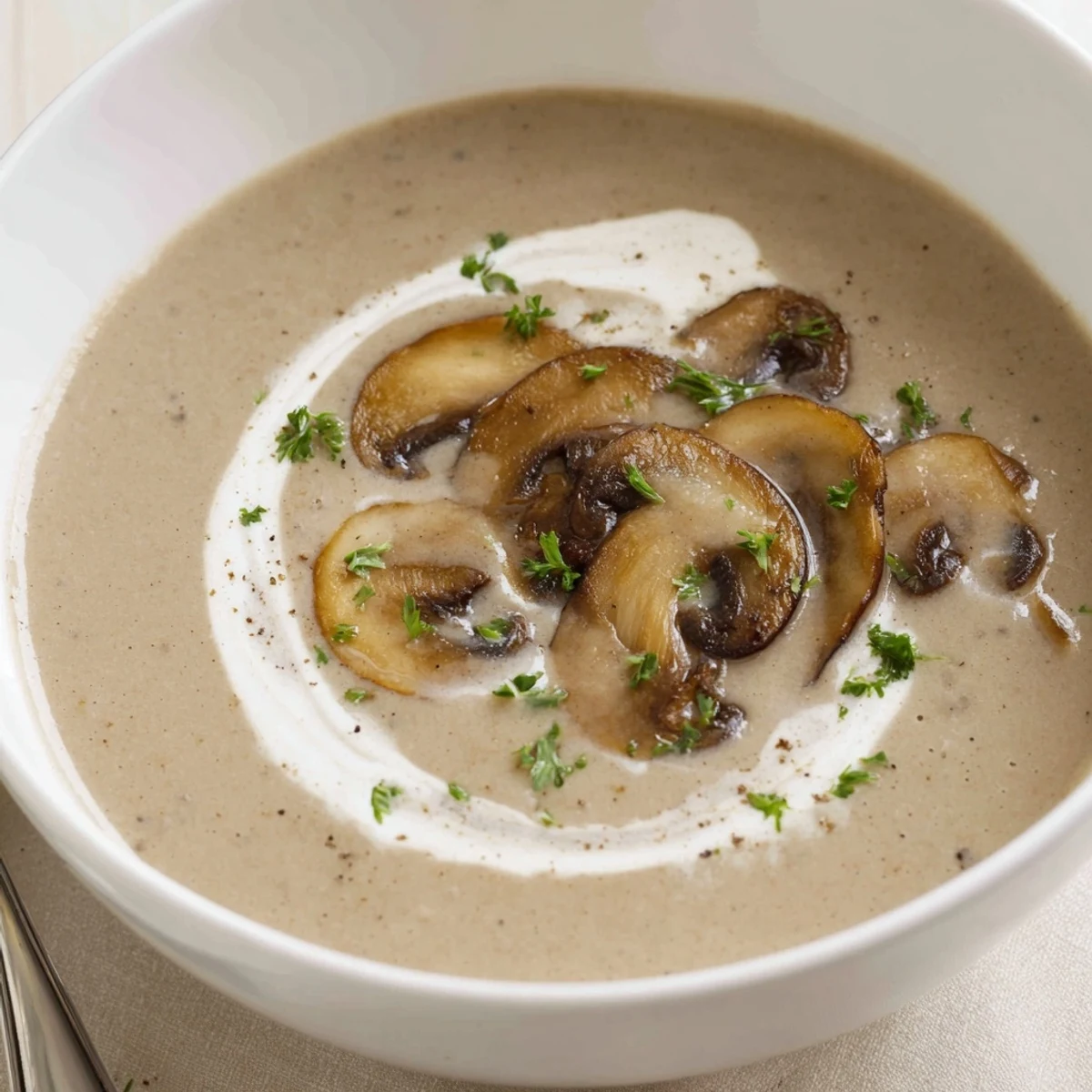 Hearty Mushroom Soup served with crusty bread, velvety texture, warm spices