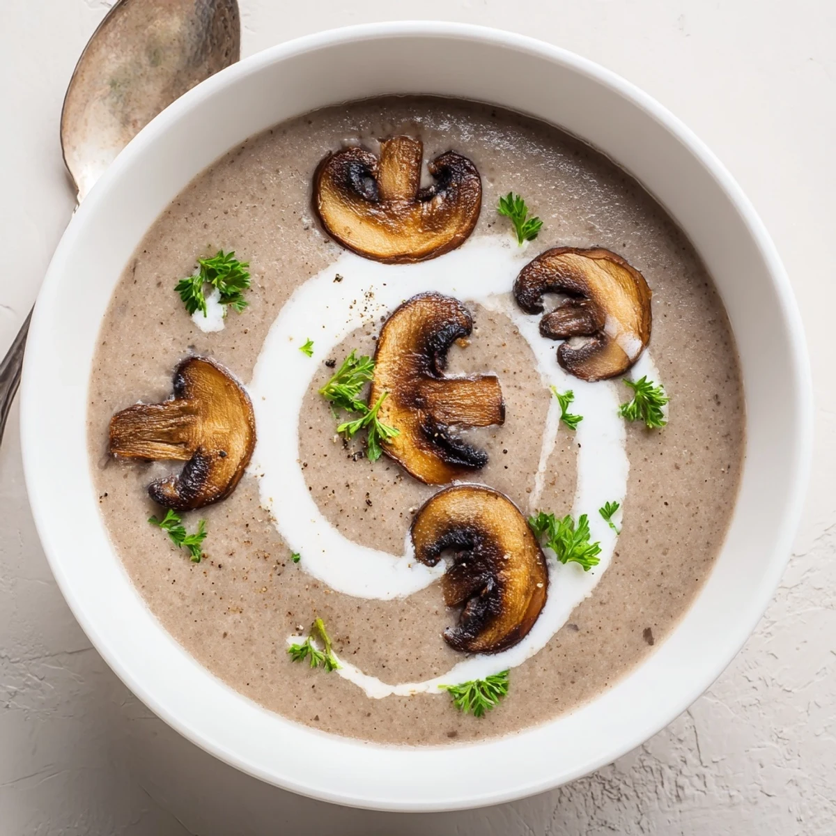 Bowl of homemade Mushroom Soup with browned mushrooms, cream swirling, ladle