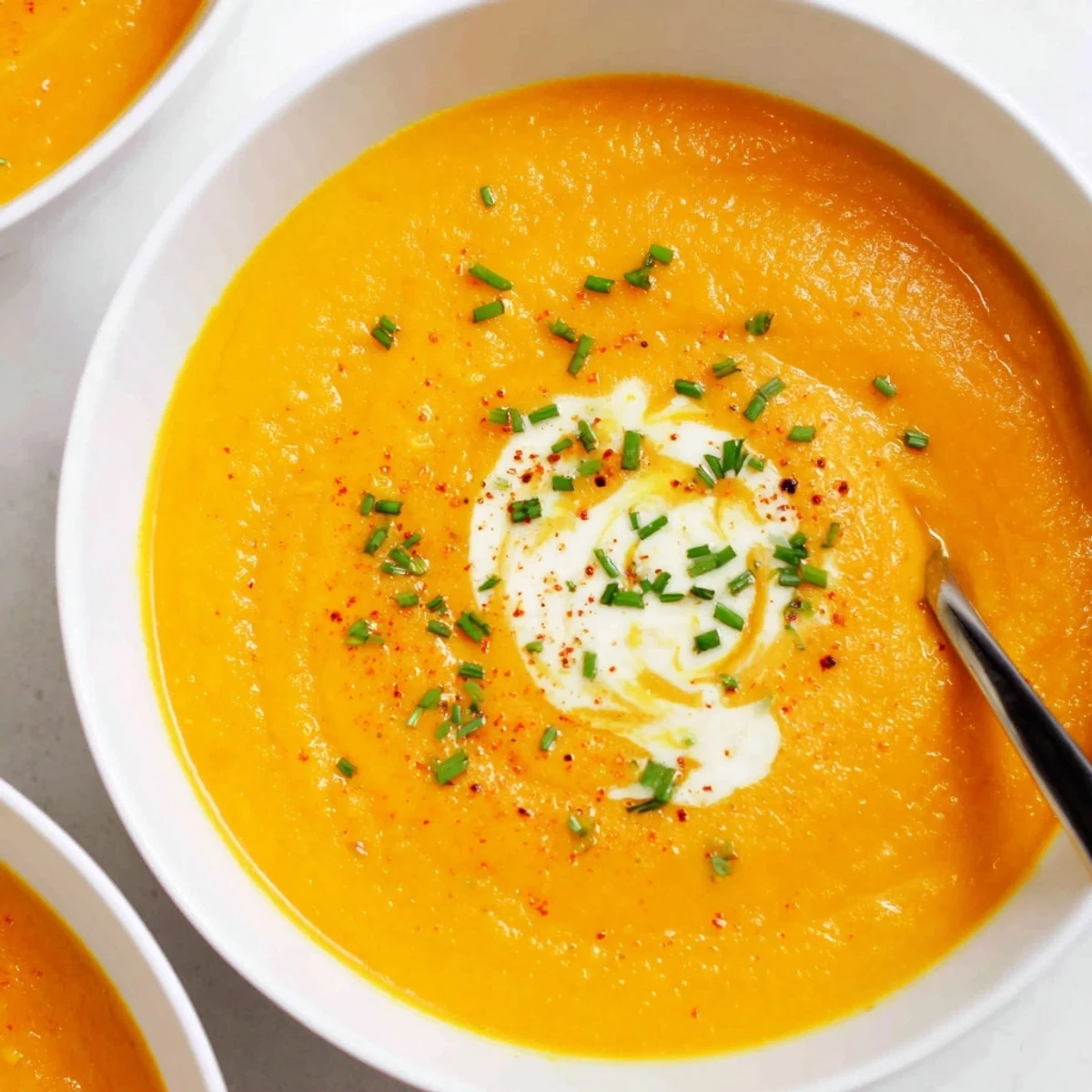 Creamy Carrot Soup steaming in bowl, garnished with parsley and pepper
