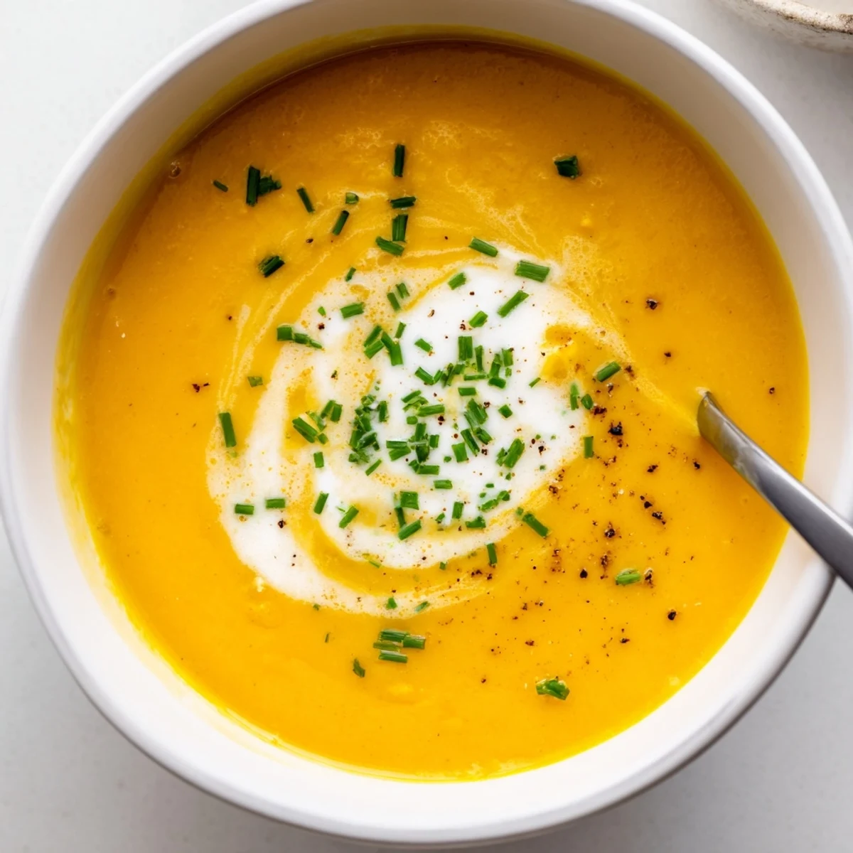 Bright Carrot Soup pureed smooth, spiced with cumin and fresh chives