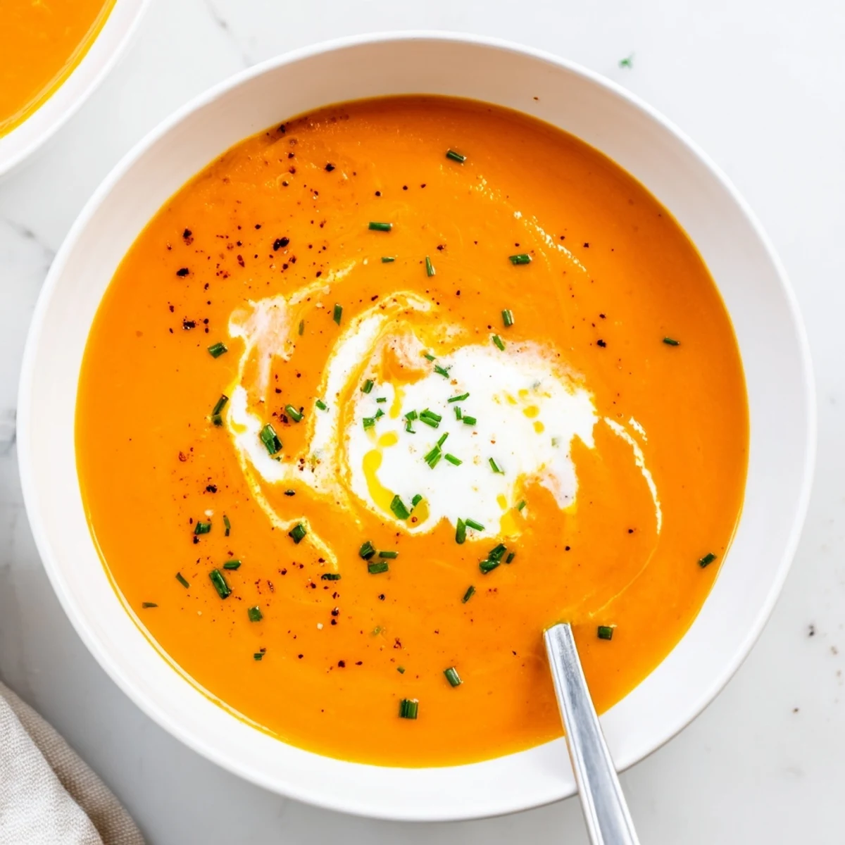 Warm Carrot Soup swirled with coconut cream, served with crusty bread
