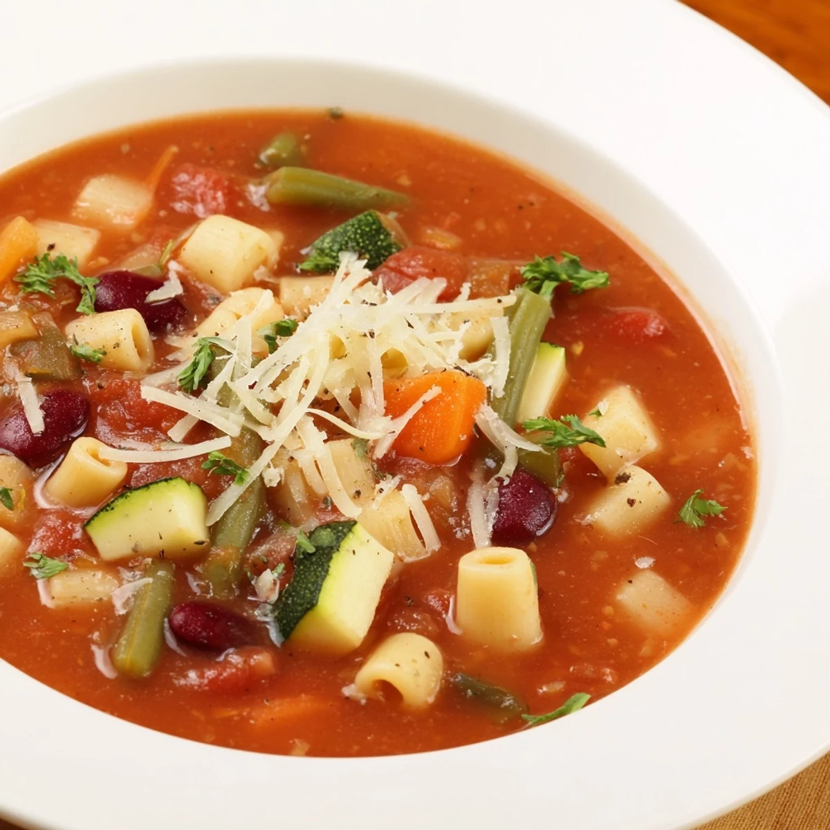 Minestrone Soup steaming in a bowl, chunky vegetables and pasta visible