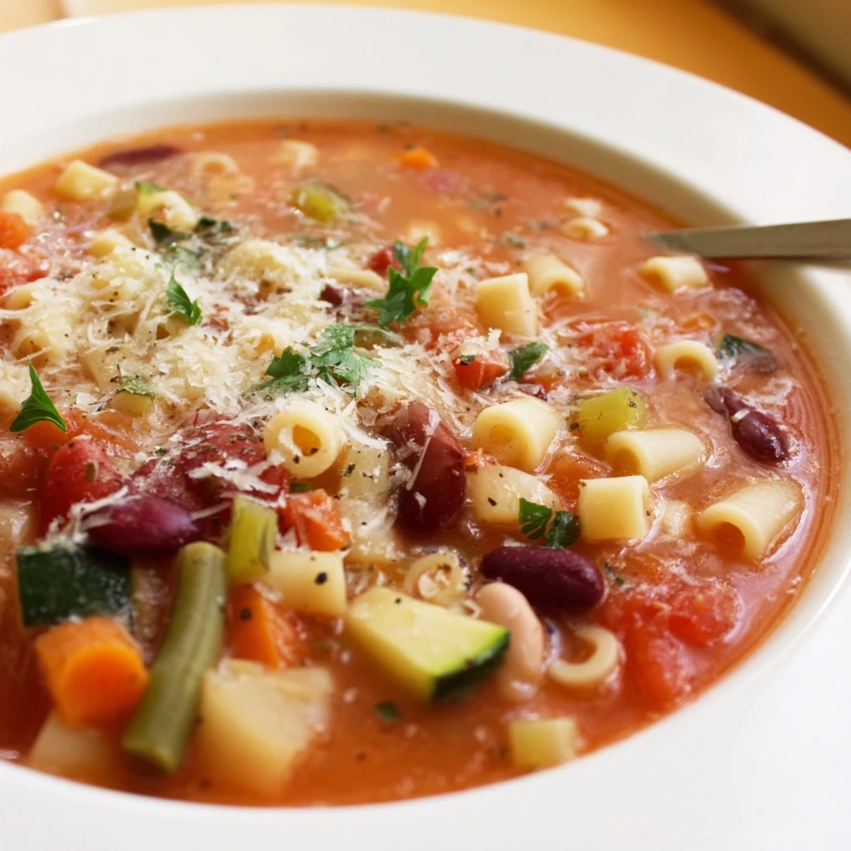 Rustic pot of Minestrone Soup with parsley and grated Parmesan on top