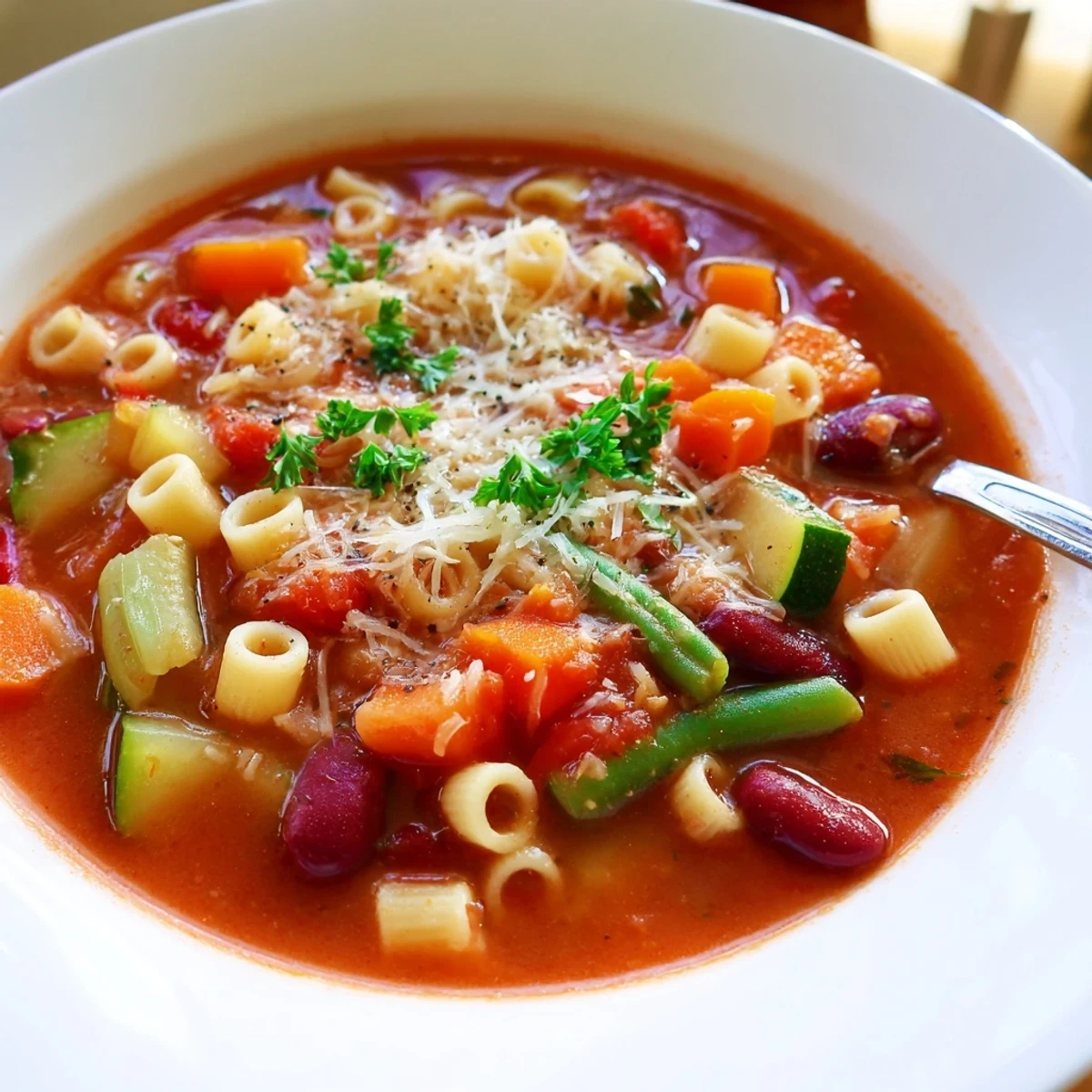 Hearty Minestrone Soup ladled into a bowl, tomato broth smelling of herbs