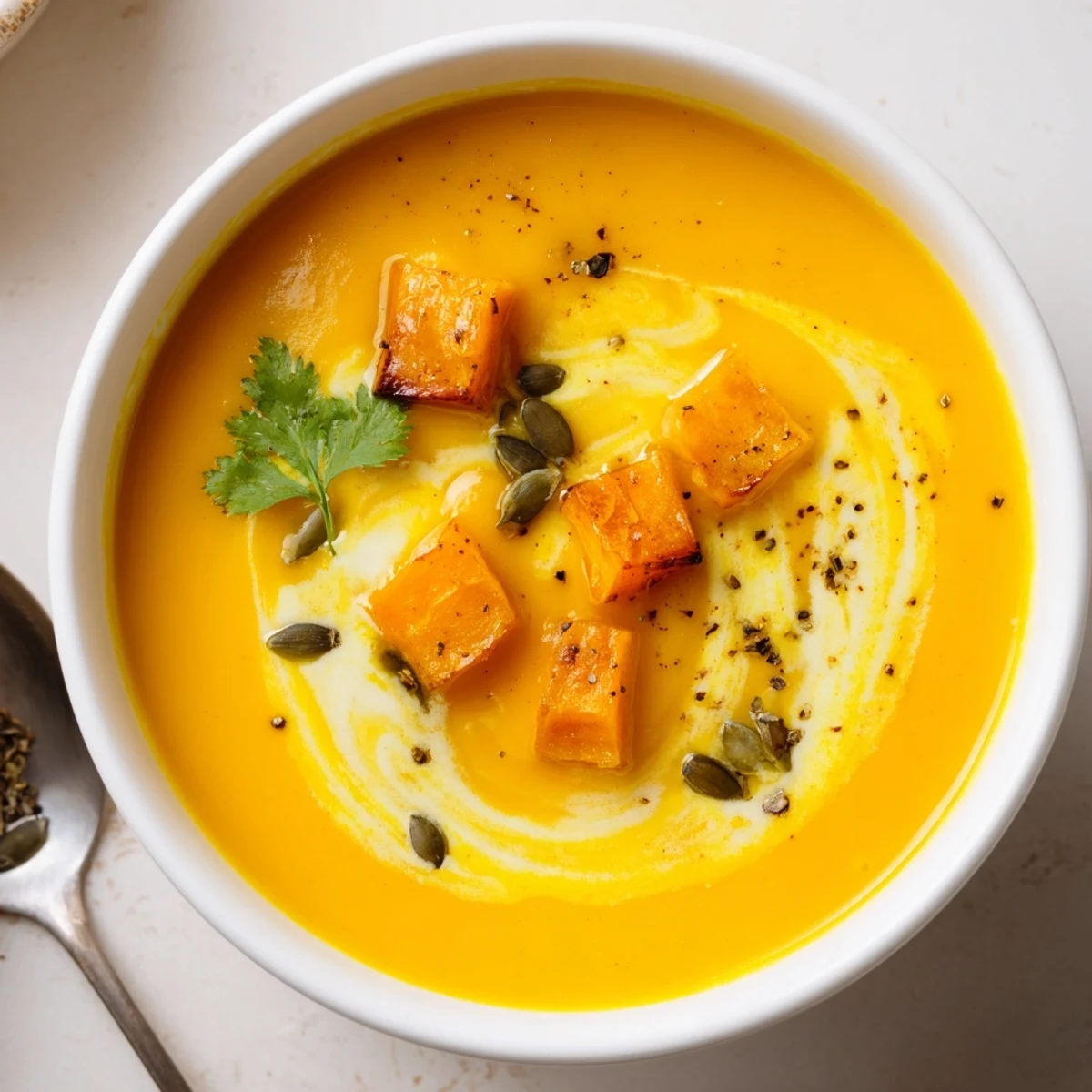 Velvety Pumpkin Soup swirled with coconut milk, served with crusty bread.