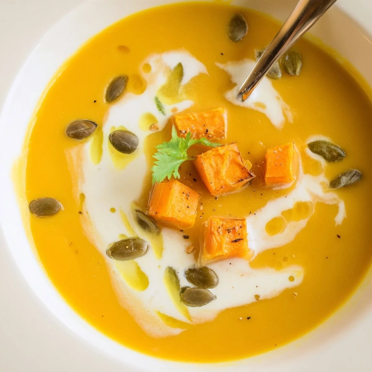 Creamy Pumpkin Soup steaming in a bowl with roasted seeds and herbs.