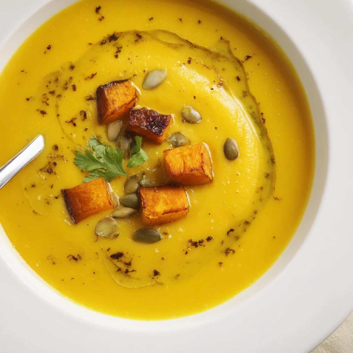 Warm Pumpkin Soup with roasted aroma, nutmeg spice, topped with toasted seeds.