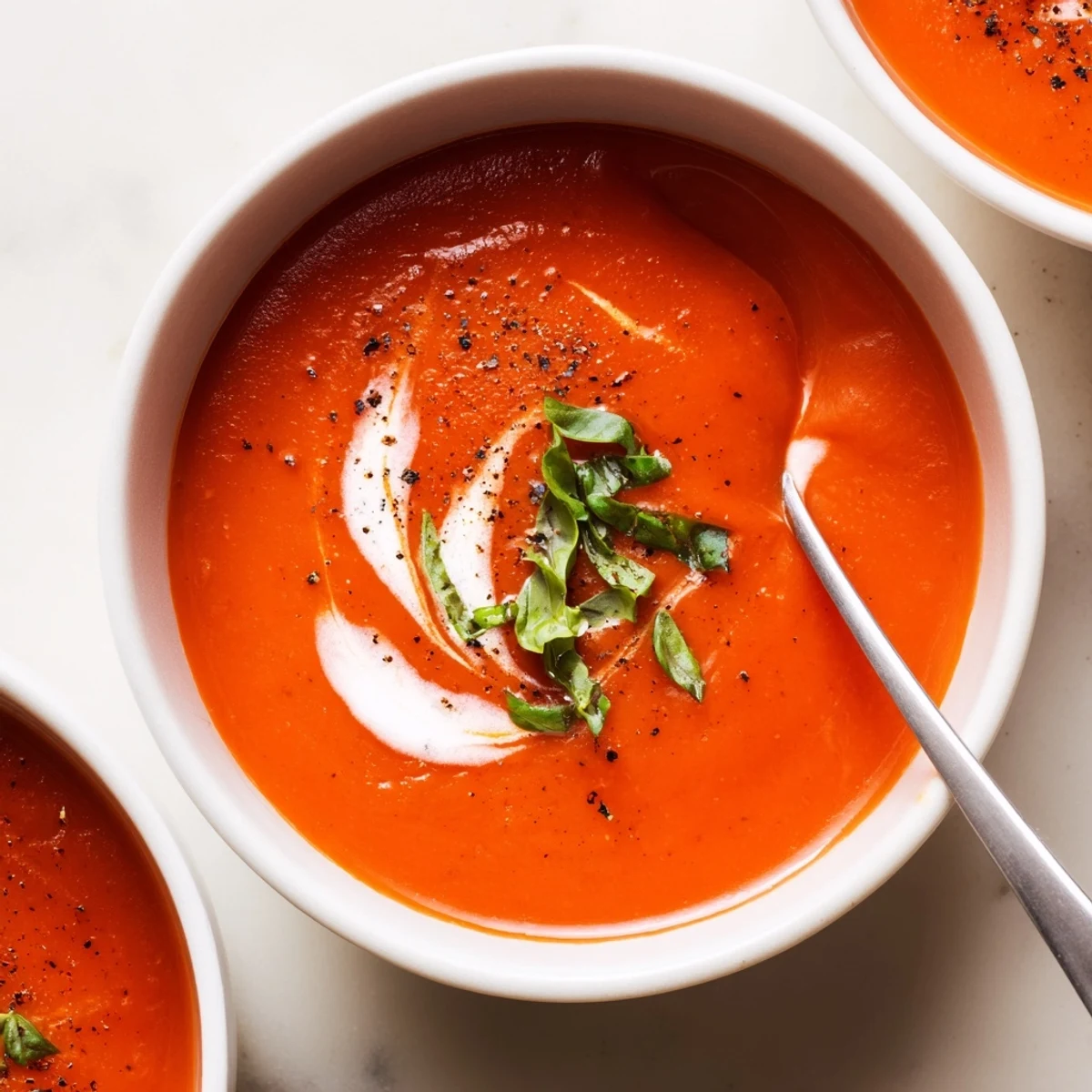 Creamy Tomato Soup steaming in a bowl, basil garnish and crusty bread.