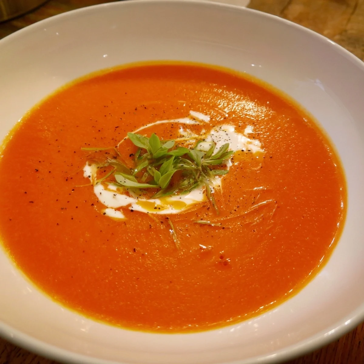 Homemade Tomato Soup blended silky smooth, warm aroma, spoon ready.