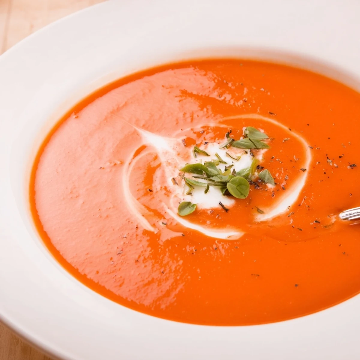 Rustic Tomato Soup simmered with garlic and basil, served with grilled cheese.