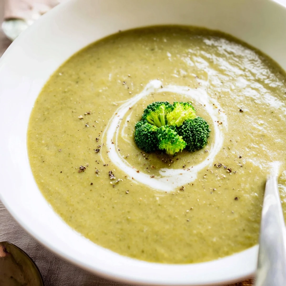 Creamy Broccoli Soup steaming in bowl, velvety texture with herb garnish