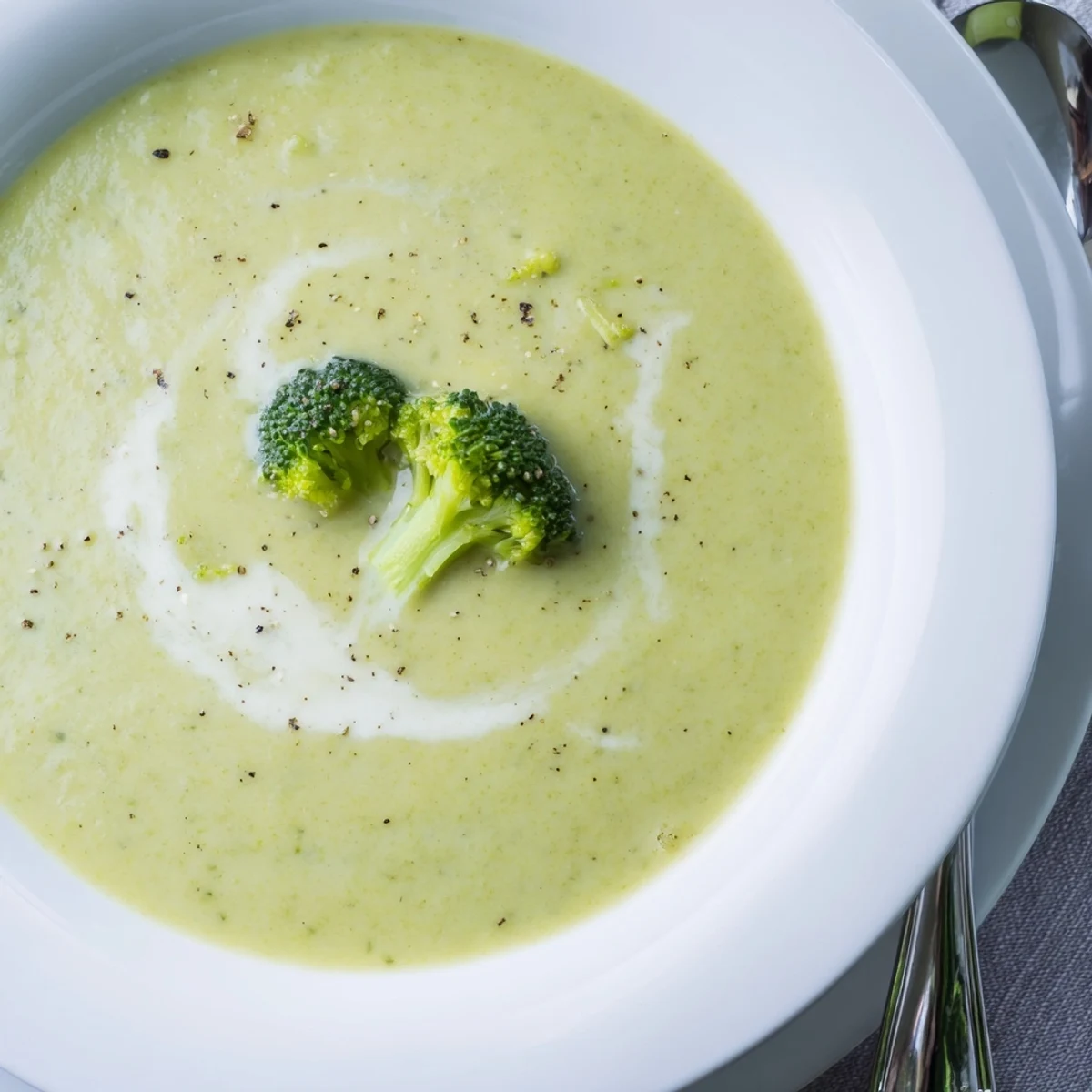 Warm Broccoli Soup smooth and savory, served with crusty bread slice