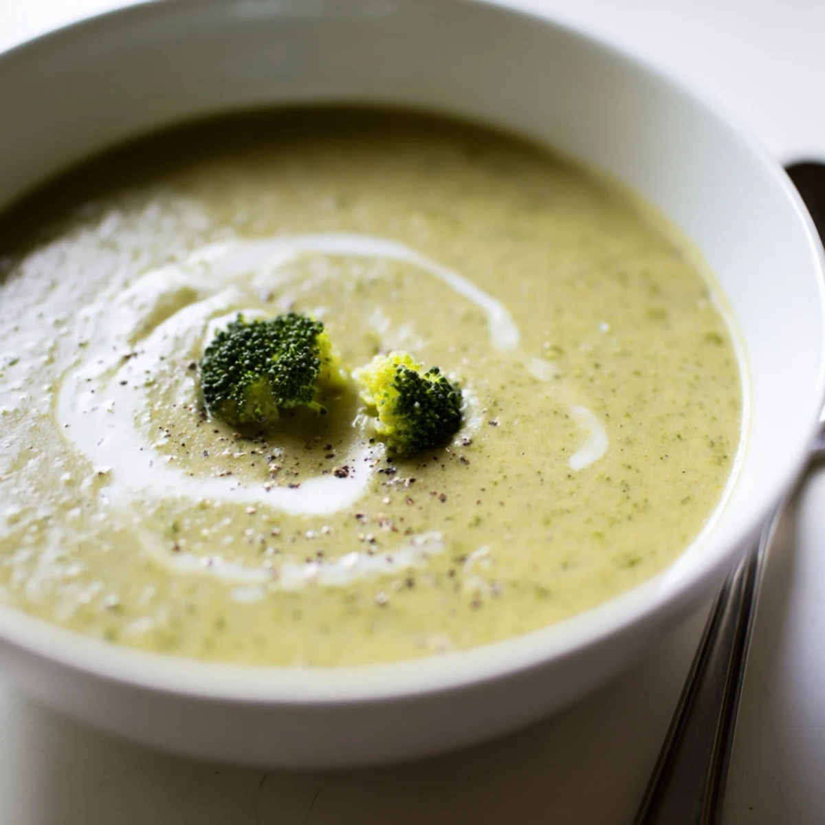 Bright green Broccoli Soup pureed silky, subtle nutmeg aroma and cream swirl