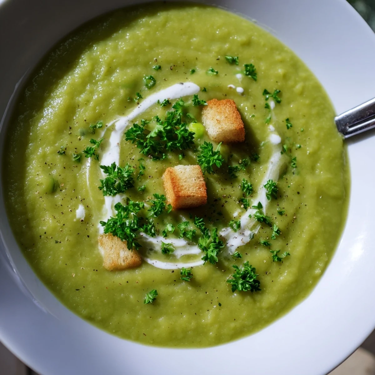 Pea Soup with vibrant green puree, creamy swirl of crème fraîche topping