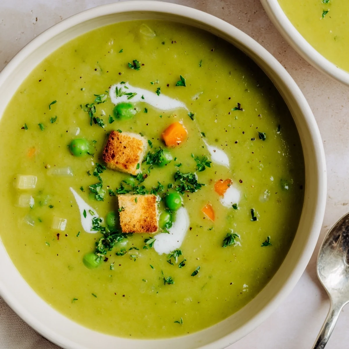 Rustic Pea Soup pureed smooth after simmering, served with crunchy croutons