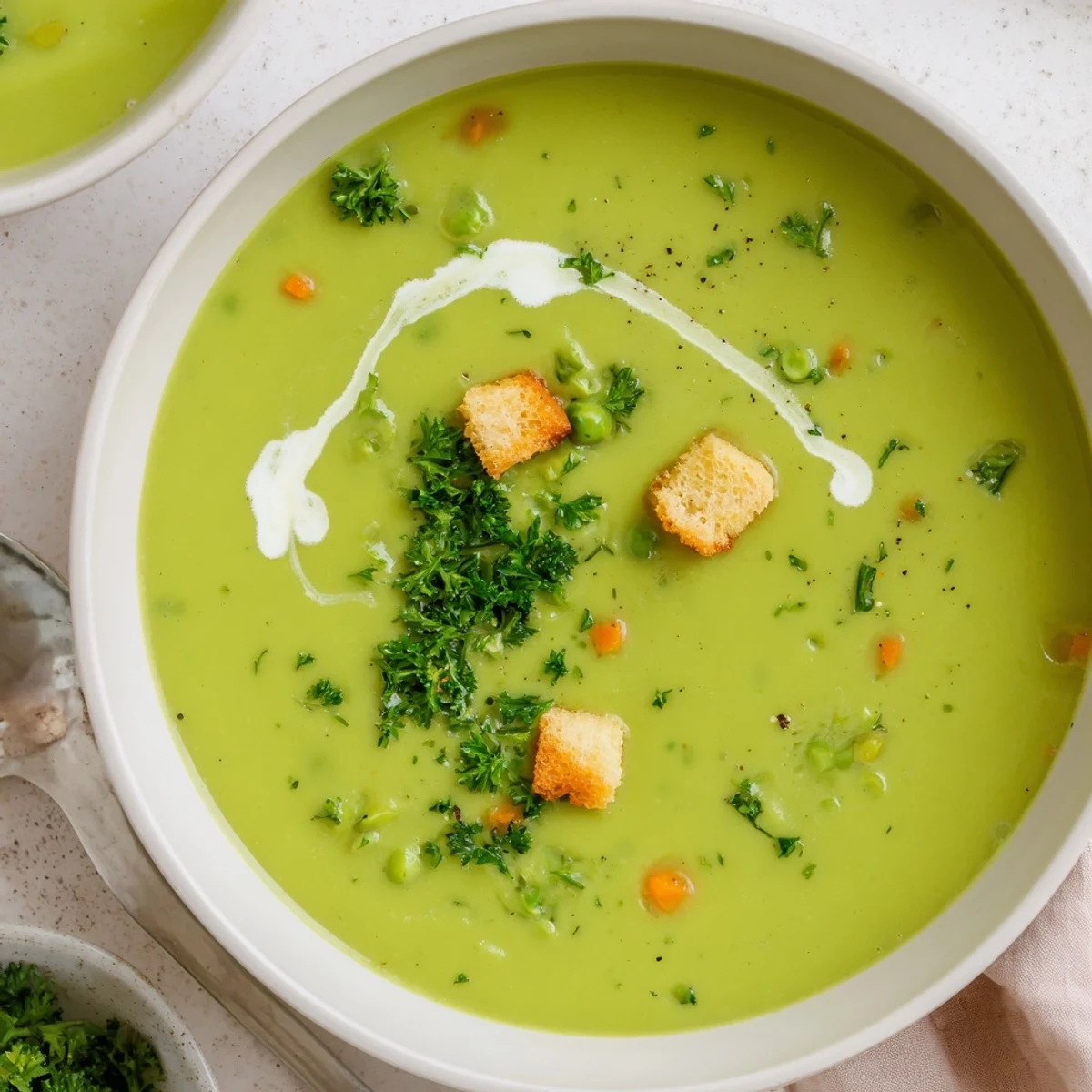 Hearty Pea Soup steaming in bowl, parsley garnish and crusty bread