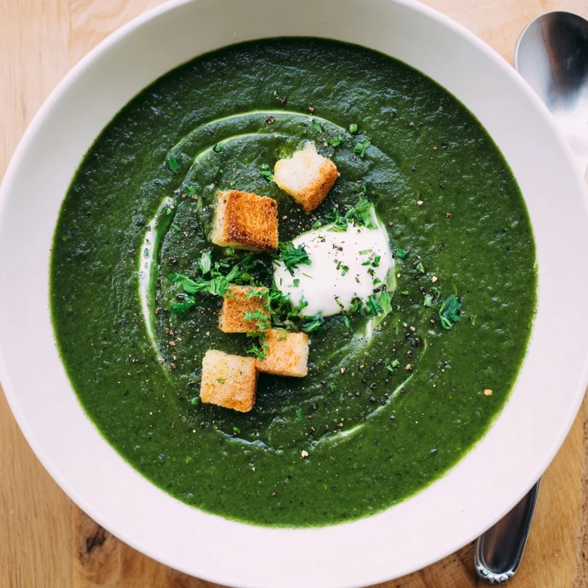 Spinach Soup in white bowl, silky green texture, cream swirl garnish