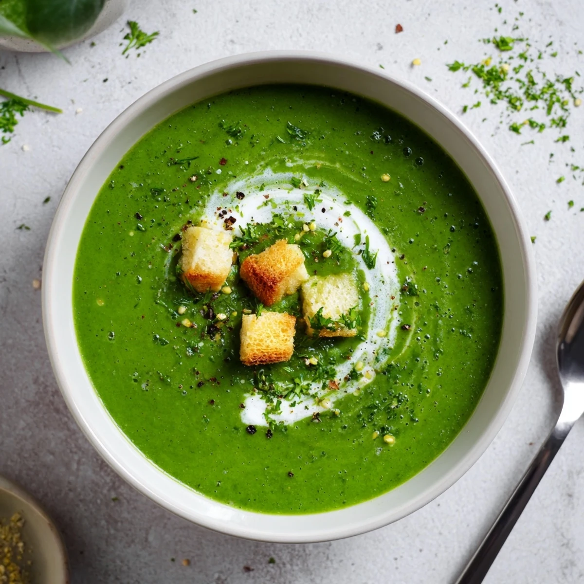 Warm Spinach Soup steaming, tender potato notes, croutons and parsley
