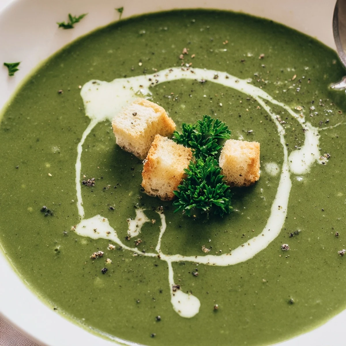 Homemade Spinach Soup ladled from pot, bright herb aroma, rustic bread