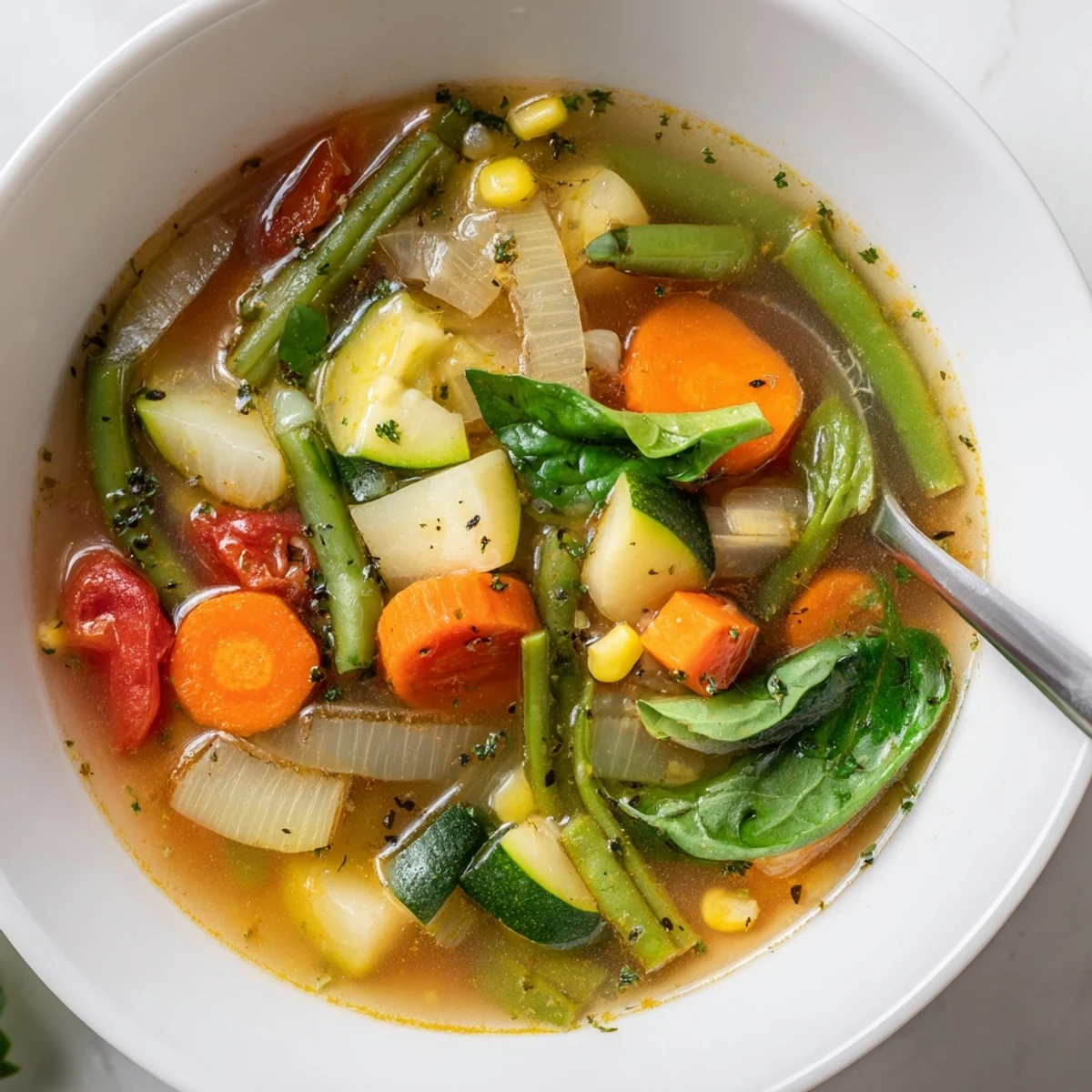Hearty Vegetable Soup ladled into a bowl; tender potatoes and crusty bread