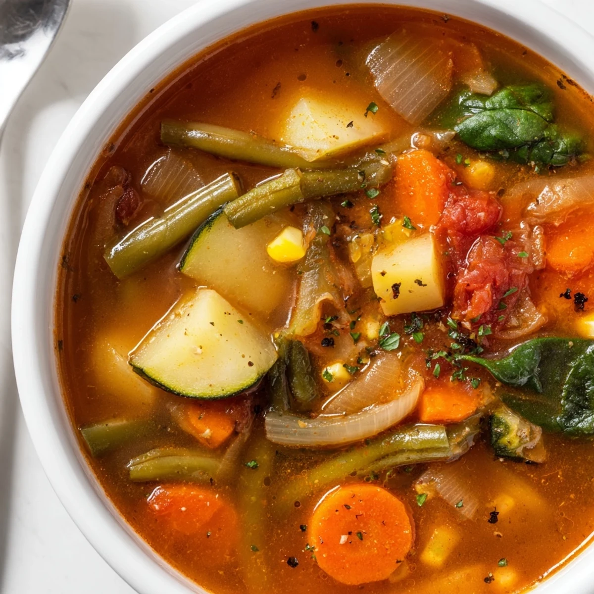 Vegetable Soup steaming in a bowl, vibrant veggies and fragrant herbs