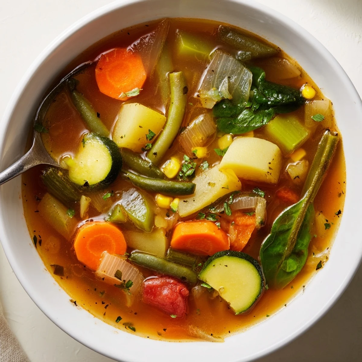 Warm Vegetable Soup glistening with broth, wilted spinach and parsley garnish