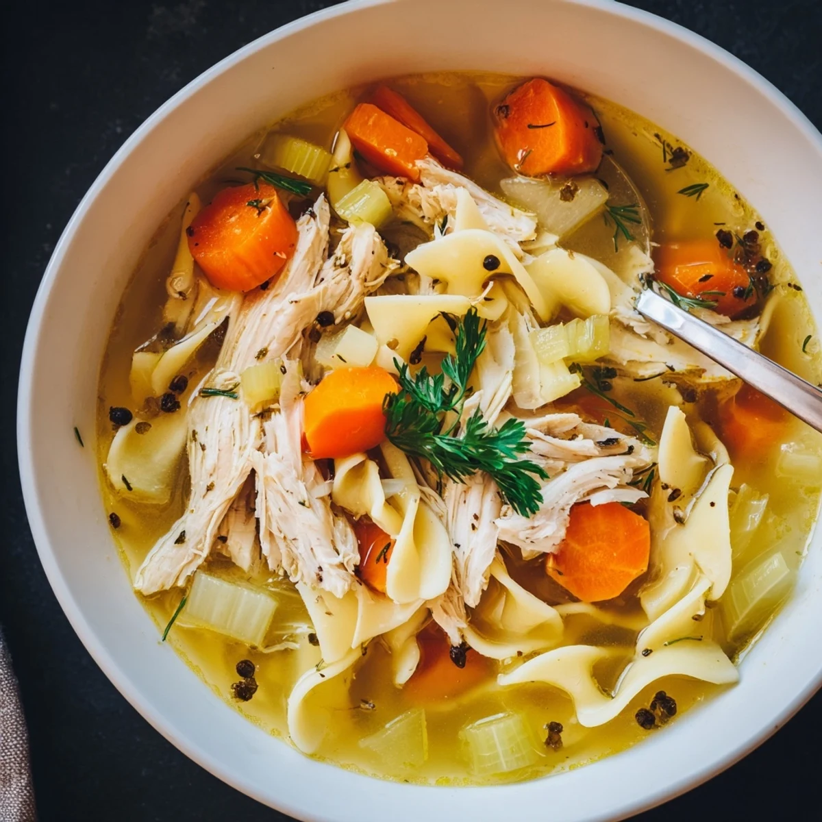 Hearty Chicken Soup steaming in a bowl with carrots and parsley.