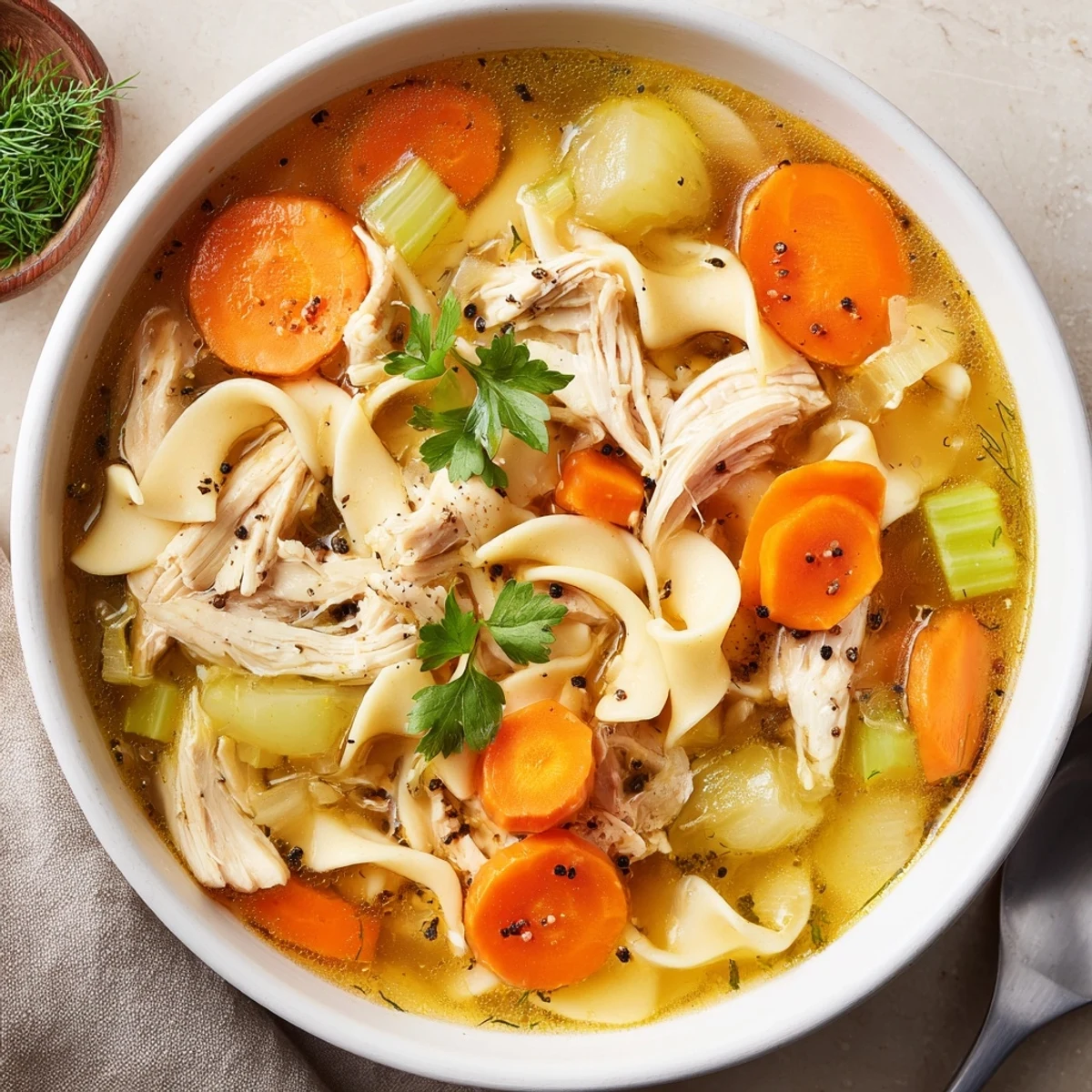 Warm Chicken Soup with tender shredded meat, celery, and buttered bread.