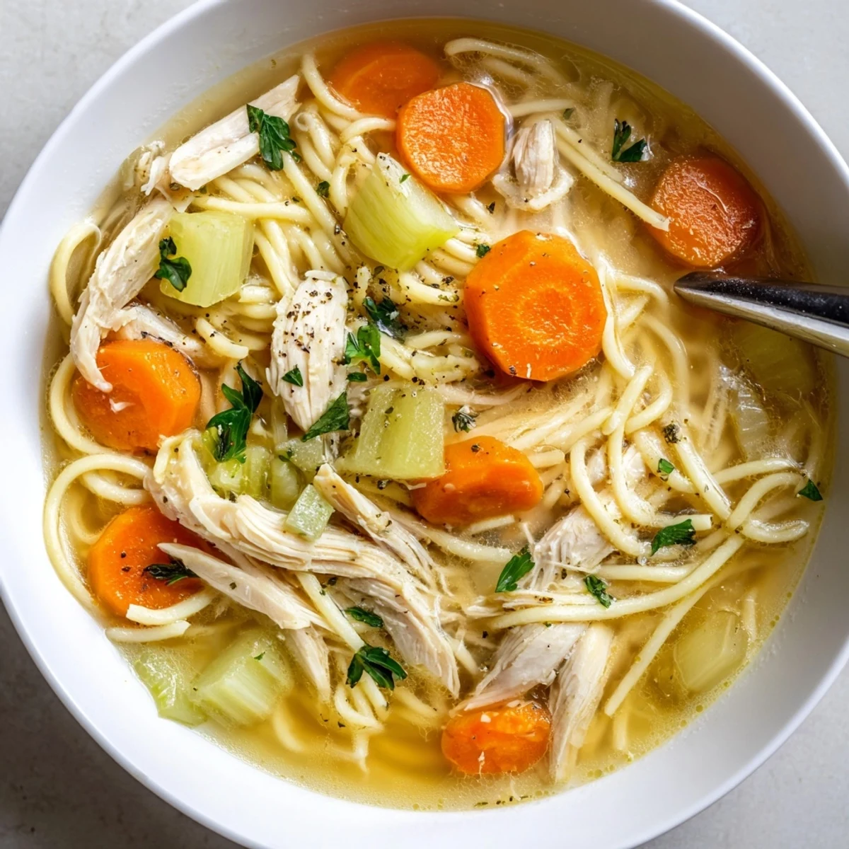 Warm bowl of Chicken Noodle Soup steaming with tender chicken and carrots