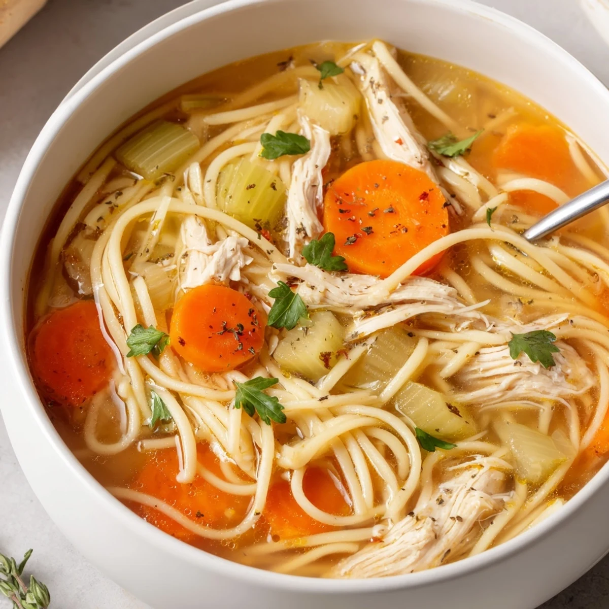 Homestyle Chicken Noodle Soup ladled over noodles, fragrant broth and parsley