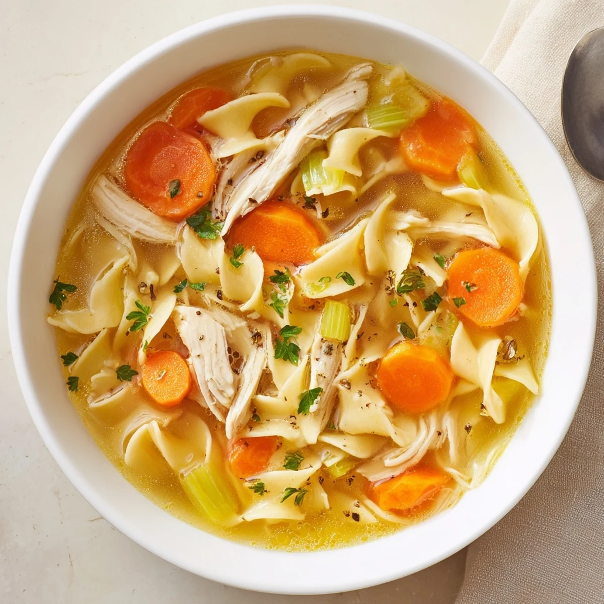 Comforting Chicken Noodle Soup served with crusty bread, savory thyme aroma