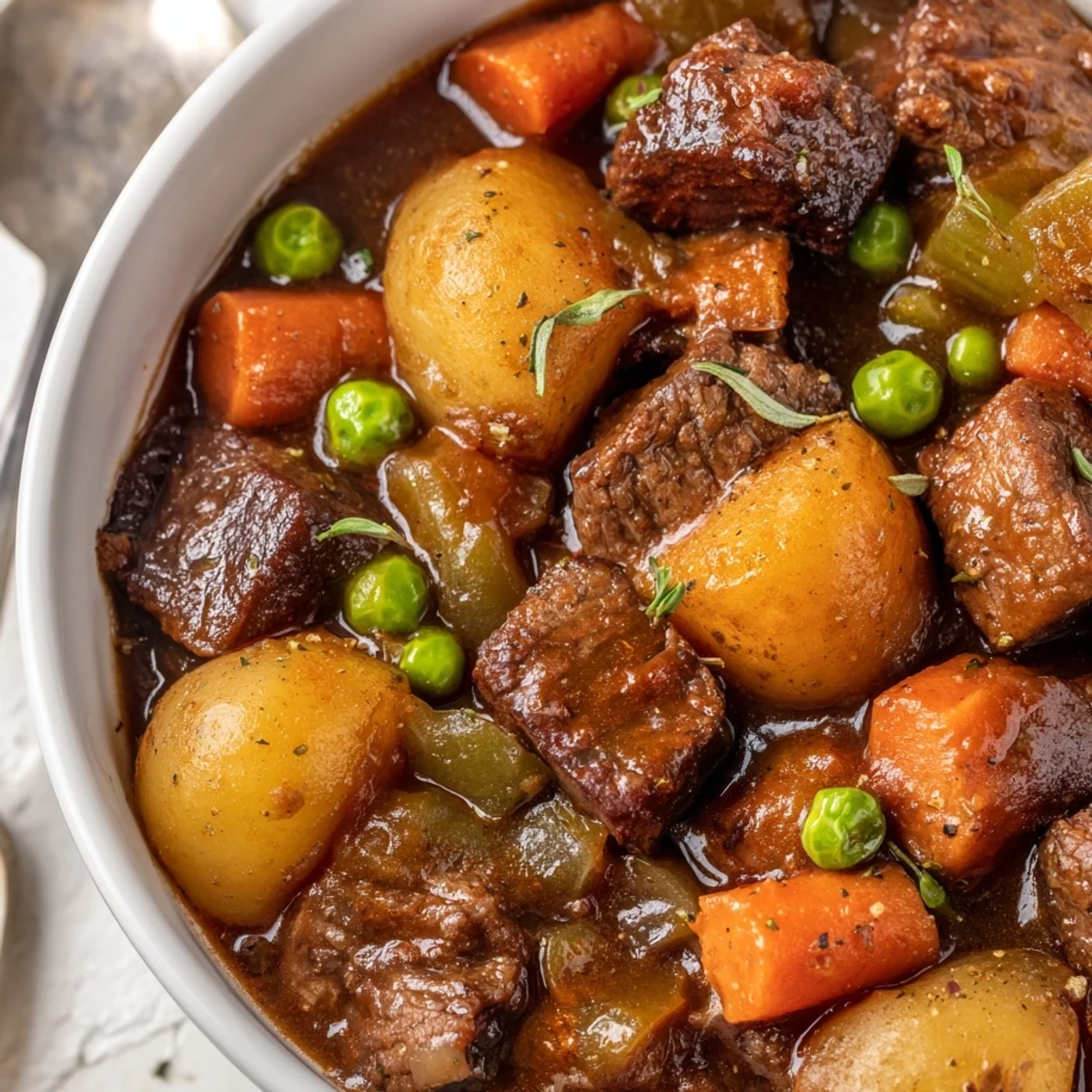 Homestyle Beef Stew ladled over buttered noodles, rich broth and herbs
