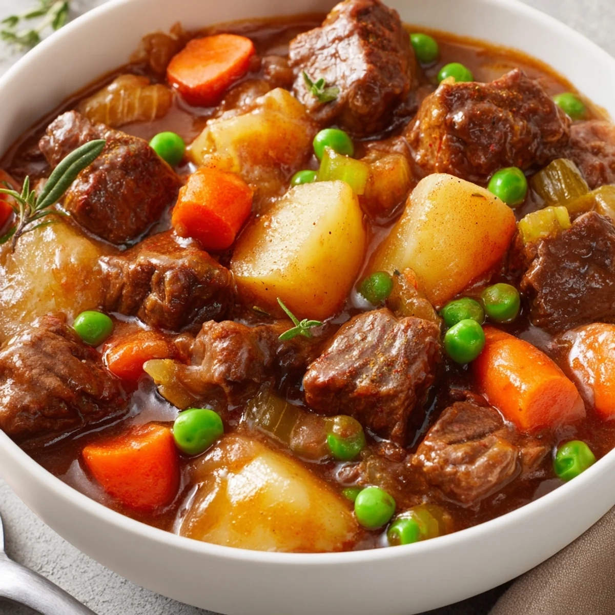 Beef stew garnished with fresh thyme, potatoes and glossy brown gravy