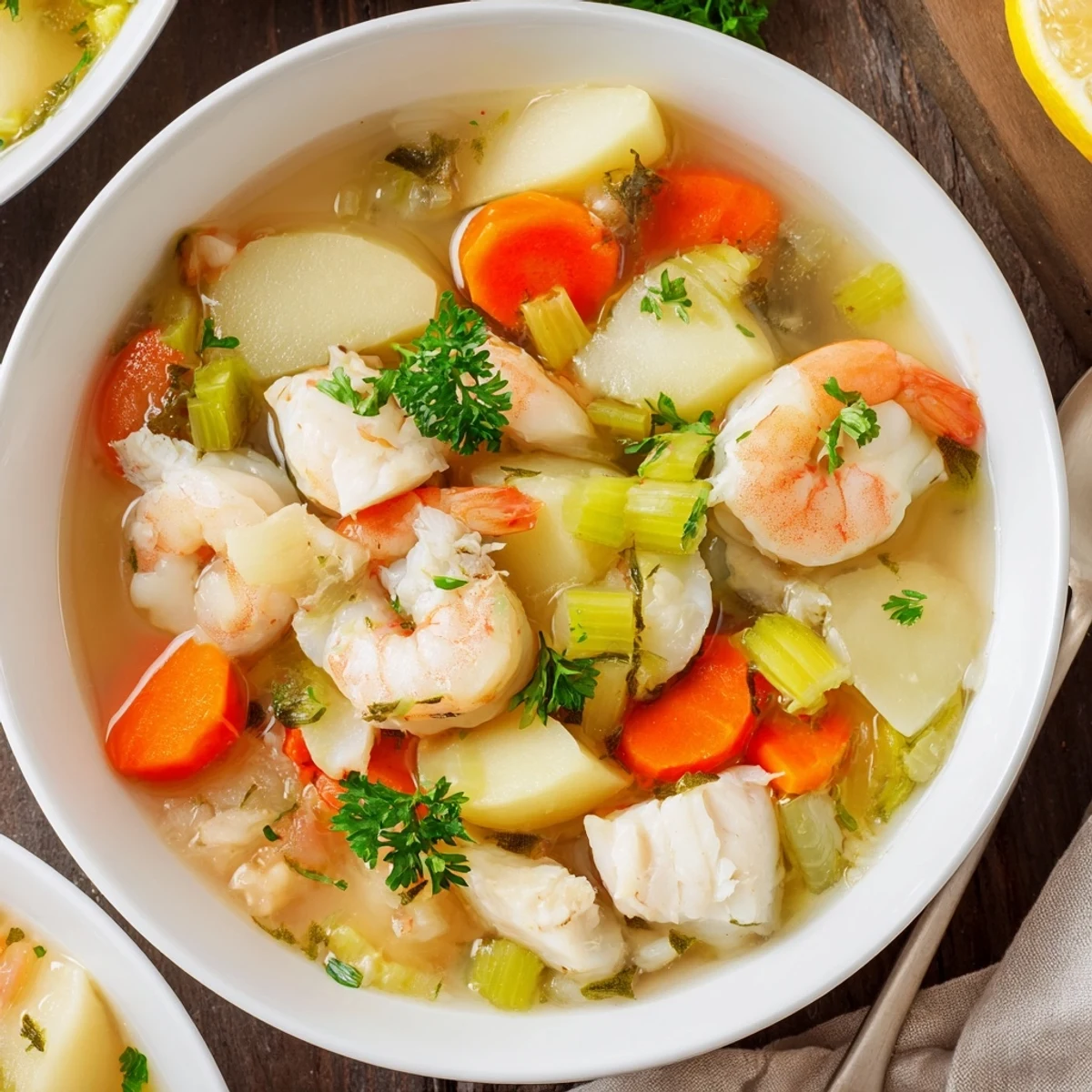 Steaming Fish Soup with flaky cod chunks, carrots, potatoes, and parsley.