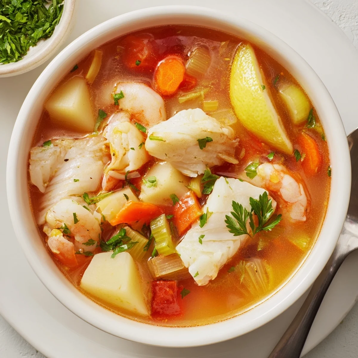Savory Fish Soup simmered in white wine and tomato broth, lemon garnish.