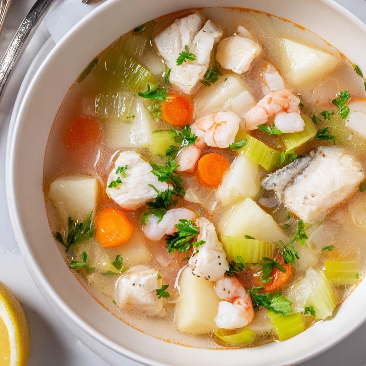 Hearty Fish Soup ladled into bowls with aromatic herbs, lemon wedge, crusty bread.